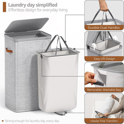 Laundry Hamper with Lid - Collapsible 2-Compartment Fabric Laundry Basket with Handles and Removable Laundry Bag – 45 Gallon (170 L) Dirty Clothes Hamper for Bedroom, bathroom and dorm (Gray)
