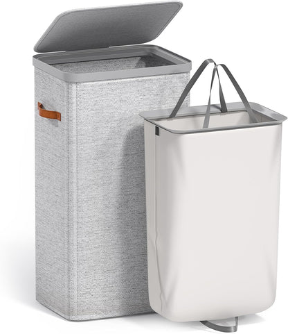Laundry Hamper with Lid - Collapsible 2-Compartment Fabric Laundry Basket with Handles and Removable Laundry Bag – 45 Gallon (170 L) Dirty Clothes Hamper for Bedroom, bathroom and dorm (Gray)