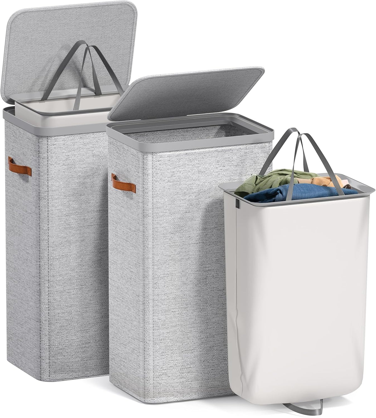 Laundry Hamper with Lid - Collapsible 2-Compartment Fabric Laundry Basket with Handles and Removable Laundry Bag – 45 Gallon (170 L) Dirty Clothes Hamper for Bedroom, bathroom and dorm (Gray)