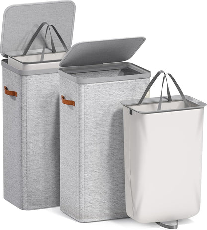 Laundry Hamper with Lid - Collapsible 2-Compartment Fabric Laundry Basket with Handles and Removable Laundry Bag – 45 Gallon (170 L) Dirty Clothes Hamper for Bedroom, bathroom and dorm (Gray)