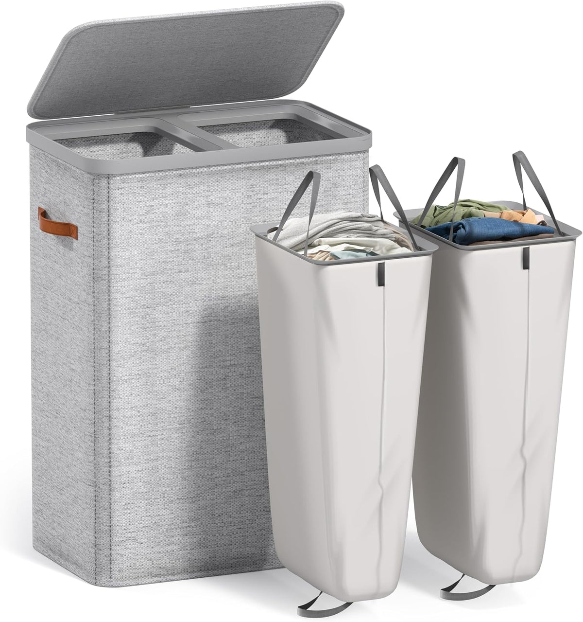 Laundry Hamper with Lid - Collapsible 2-Compartment Fabric Laundry Basket with Handles and Removable Laundry Bag – 45 Gallon (170 L) Dirty Clothes Hamper for Bedroom, bathroom and dorm (Gray)