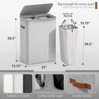 Laundry Hamper with Lid - Collapsible 2-Compartment Fabric Laundry Basket with Handles and Removable Laundry Bag – 45 Gallon (170 L) Dirty Clothes Hamper for Bedroom, bathroom and dorm (Gray)