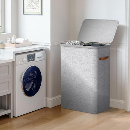 Laundry Hamper with Lid - Collapsible 2-Compartment Fabric Laundry Basket with Handles and Removable Laundry Bag – 45 Gallon (170 L) Dirty Clothes Hamper for Bedroom, bathroom and dorm (Gray)