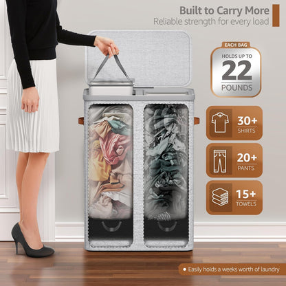 Laundry Hamper with Lid - Collapsible 2-Compartment Fabric Laundry Basket with Handles and Removable Laundry Bag – 45 Gallon (170 L) Dirty Clothes Hamper for Bedroom, bathroom and dorm (Gray)
