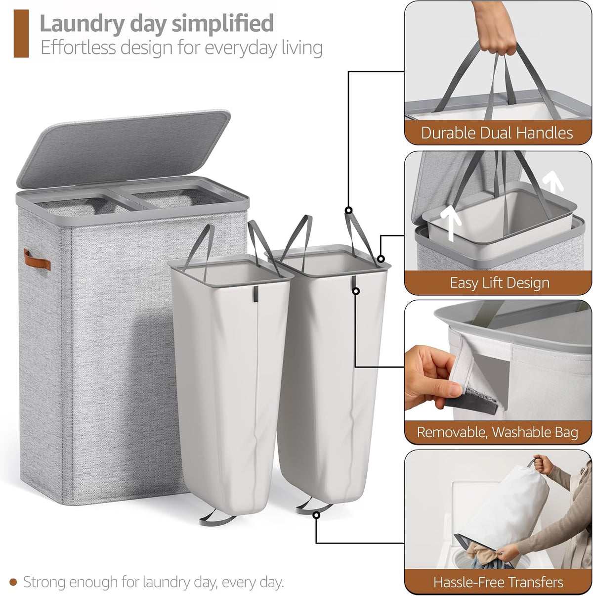 Laundry Hamper with Lid - Collapsible 2-Compartment Fabric Laundry Basket with Handles and Removable Laundry Bag – 45 Gallon (170 L) Dirty Clothes Hamper for Bedroom, bathroom and dorm (Gray)
