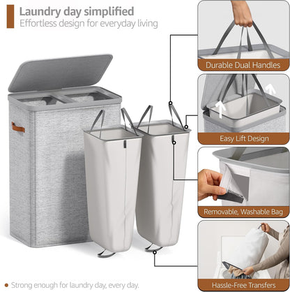 Laundry Hamper with Lid - Collapsible 2-Compartment Fabric Laundry Basket with Handles and Removable Laundry Bag – 45 Gallon (170 L) Dirty Clothes Hamper for Bedroom, bathroom and dorm (Gray)