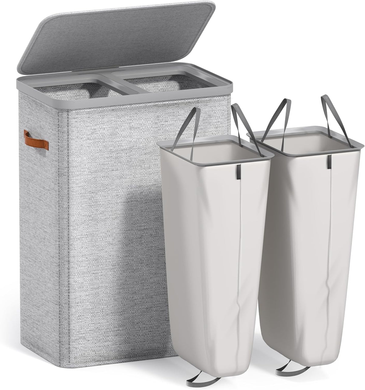 Laundry Hamper with Lid - Collapsible 2-Compartment Fabric Laundry Basket with Handles and Removable Laundry Bag – 45 Gallon (170 L) Dirty Clothes Hamper for Bedroom, bathroom and dorm (Gray)