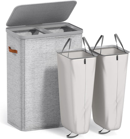 Laundry Hamper with Lid - Collapsible 2-Compartment Fabric Laundry Basket with Handles and Removable Laundry Bag – 45 Gallon (170 L) Dirty Clothes Hamper for Bedroom, bathroom and dorm (Gray)