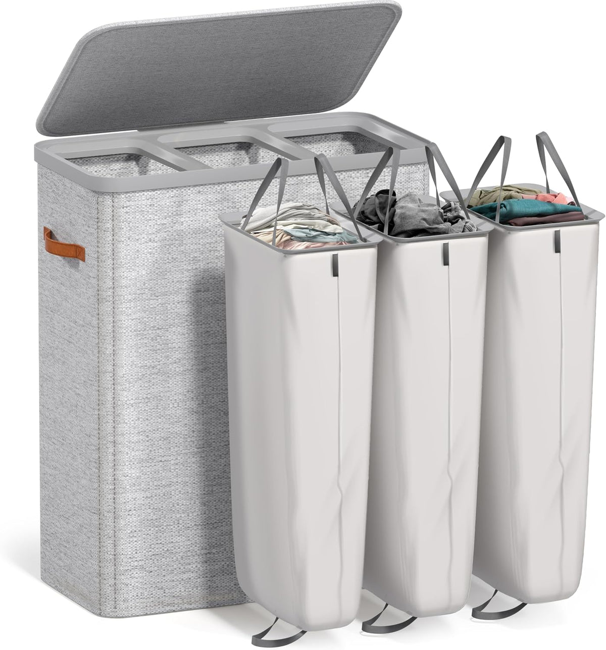 Laundry Hamper with Lid - Collapsible 2-Compartment Fabric Laundry Basket with Handles and Removable Laundry Bag – 45 Gallon (170 L) Dirty Clothes Hamper for Bedroom, bathroom and dorm (Gray)