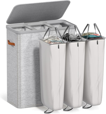 Laundry Hamper with Lid - Collapsible 2-Compartment Fabric Laundry Basket with Handles and Removable Laundry Bag – 45 Gallon (170 L) Dirty Clothes Hamper for Bedroom, bathroom and dorm (Gray)