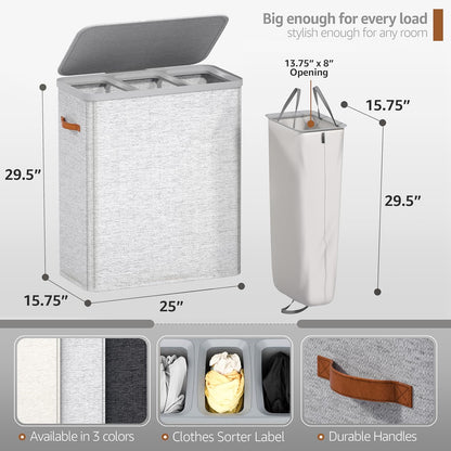 Laundry Hamper with Lid - Collapsible 2-Compartment Fabric Laundry Basket with Handles and Removable Laundry Bag – 45 Gallon (170 L) Dirty Clothes Hamper for Bedroom, bathroom and dorm (Gray)