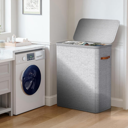 Laundry Hamper with Lid - Collapsible 2-Compartment Fabric Laundry Basket with Handles and Removable Laundry Bag – 45 Gallon (170 L) Dirty Clothes Hamper for Bedroom, bathroom and dorm (Gray)