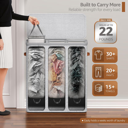 Laundry Hamper with Lid - Collapsible 2-Compartment Fabric Laundry Basket with Handles and Removable Laundry Bag – 45 Gallon (170 L) Dirty Clothes Hamper for Bedroom, bathroom and dorm (Gray)