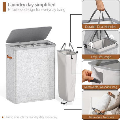 Laundry Hamper with Lid - Collapsible 2-Compartment Fabric Laundry Basket with Handles and Removable Laundry Bag – 45 Gallon (170 L) Dirty Clothes Hamper for Bedroom, bathroom and dorm (Gray)