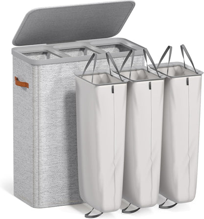 Laundry Hamper with Lid - Collapsible 2-Compartment Fabric Laundry Basket with Handles and Removable Laundry Bag – 45 Gallon (170 L) Dirty Clothes Hamper for Bedroom, bathroom and dorm (Gray)