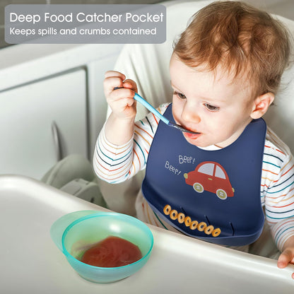 2 Pack Silicone Baby Bibs Adjustable Fit Waterproof Bib With Leak Proof Food Pouch Catcher for Eating Boys Girls