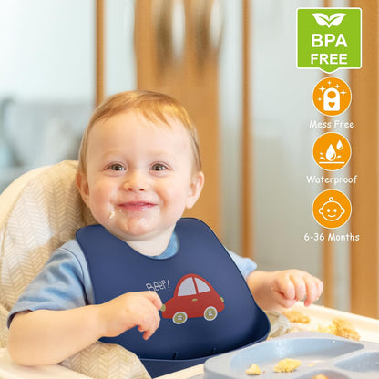 2 Pack Silicone Baby Bibs Adjustable Fit Waterproof Bib With Leak Proof Food Pouch Catcher for Eating Boys Girls