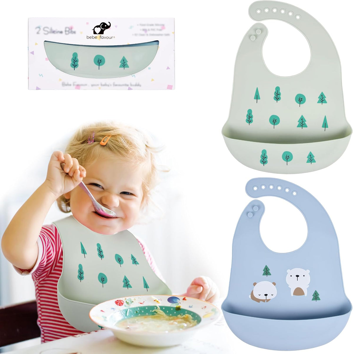 2 Pack Silicone Baby Bibs Adjustable Fit Waterproof Bib With Leak Proof Food Pouch Catcher for Eating Boys Girls