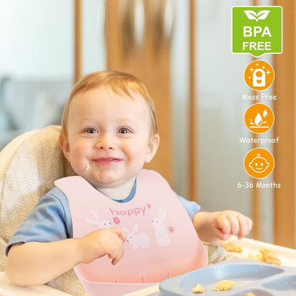 2 Pack Silicone Baby Bibs Adjustable Fit Waterproof Bib With Leak Proof Food Pouch Catcher for Eating Boys Girls