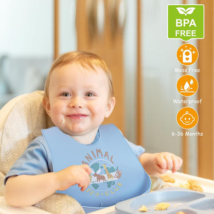 2 Pack Silicone Baby Bibs Adjustable Fit Waterproof Bib With Leak Proof Food Pouch Catcher for Eating Boys Girls