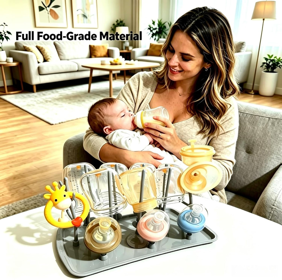 Baby Bottle Drying Rack: Large Vertical Bottle Dryer Rack Holder - Space Saving Standing Drying Rack for Baby Bottles and Pump Part Cleaning (Grey-White)