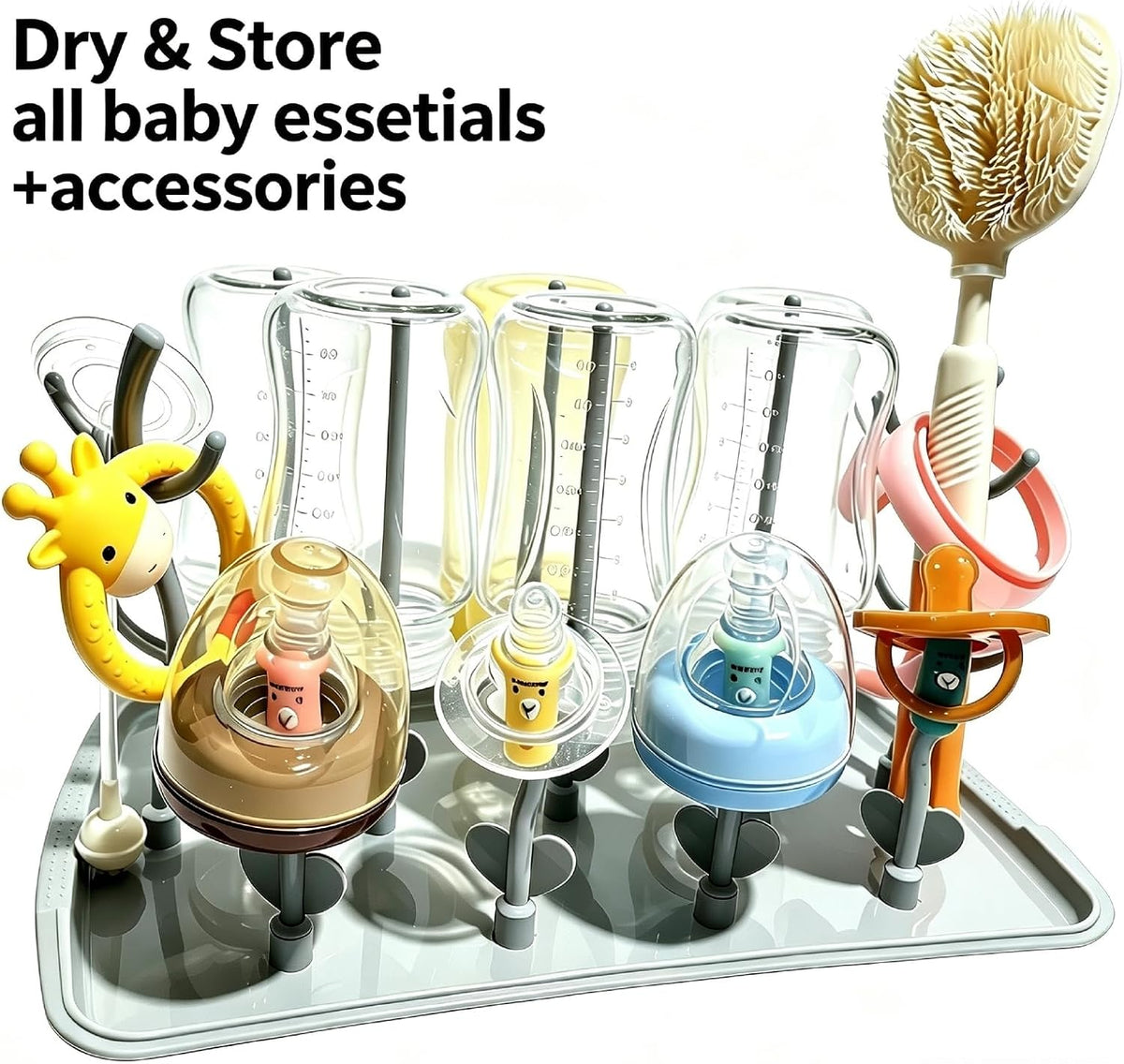 Baby Bottle Drying Rack: Large Vertical Bottle Dryer Rack Holder - Space Saving Standing Drying Rack for Baby Bottles and Pump Part Cleaning (Grey-White)