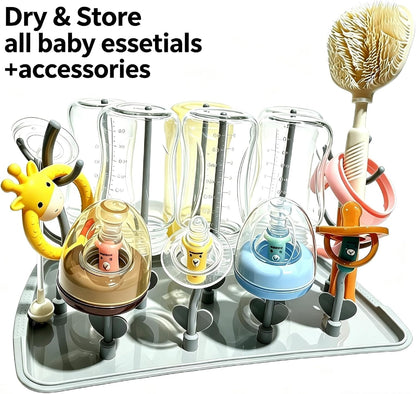 Baby Bottle Drying Rack: Large Vertical Bottle Dryer Rack Holder - Space Saving Standing Drying Rack for Baby Bottles and Pump Part Cleaning (Grey-White)