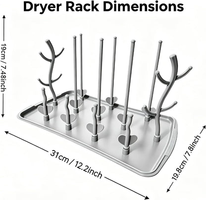 Baby Bottle Drying Rack: Large Vertical Bottle Dryer Rack Holder - Space Saving Standing Drying Rack for Baby Bottles and Pump Part Cleaning (Grey-White)