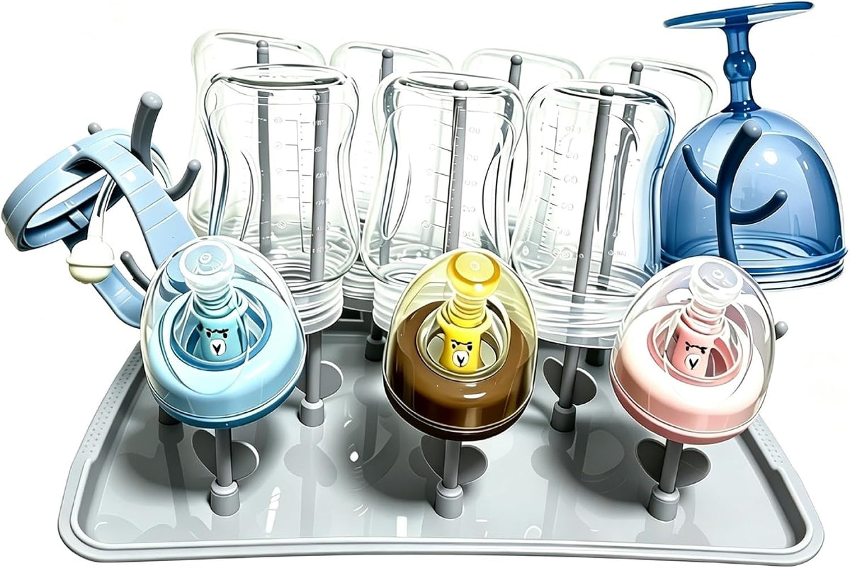 Baby Bottle Drying Rack: Large Vertical Bottle Dryer Rack Holder - Space Saving Standing Drying Rack for Baby Bottles and Pump Part Cleaning (Grey-White)