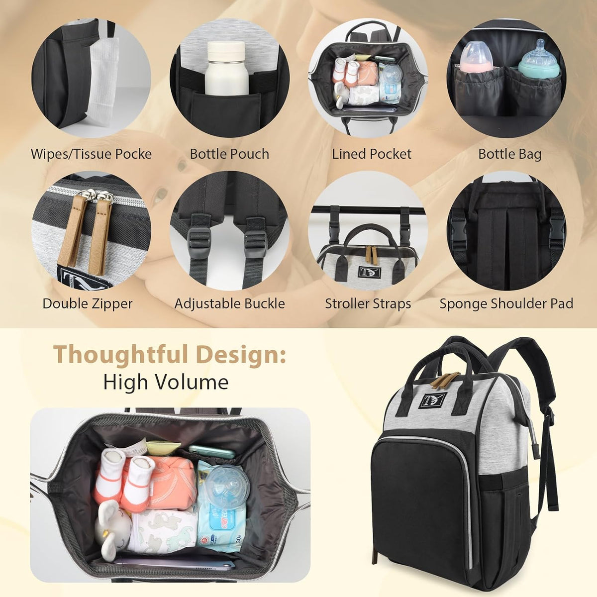 Diaper Bag Backpack for Women - Multifunction Travel Essentials Baby Diaper Bag with Changing Pad, Large Backpack Baby Girl Boy, Insulated Bottle Holders & Stroller Straps (Red+Blue)