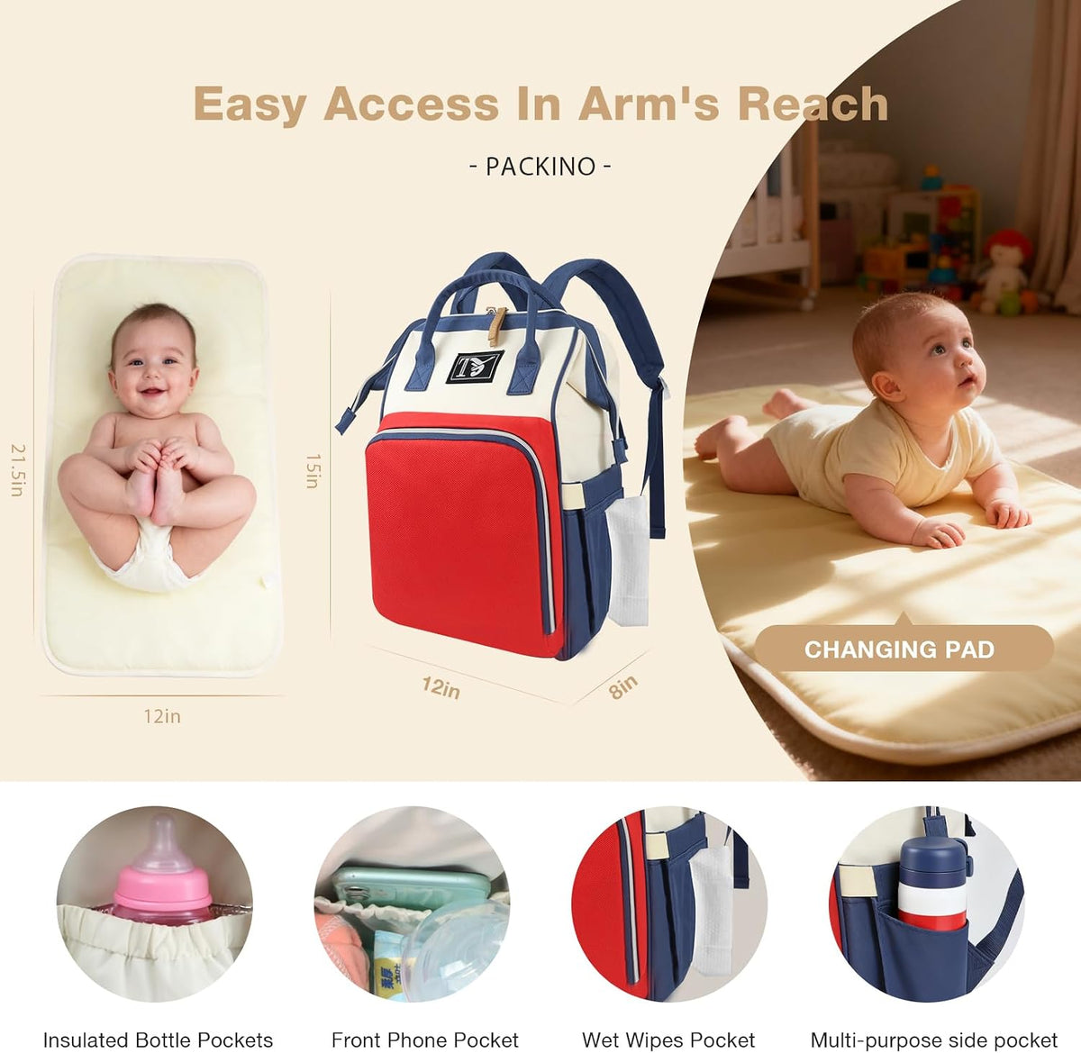 Diaper Bag Backpack for Women - Multifunction Travel Essentials Baby Diaper Bag with Changing Pad, Large Backpack Baby Girl Boy, Insulated Bottle Holders & Stroller Straps (Red+Blue)