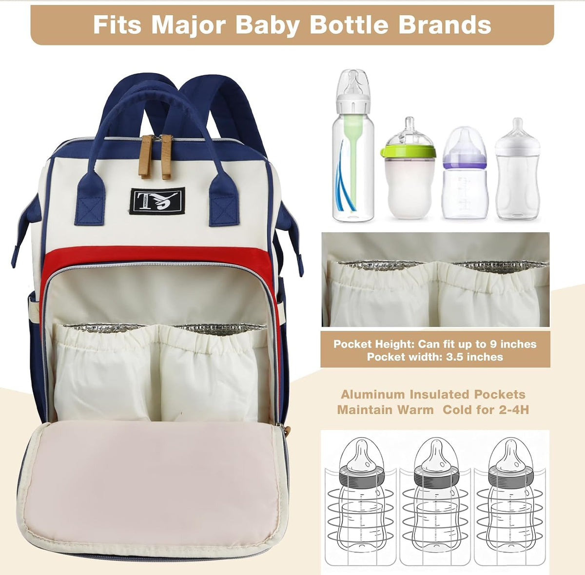 Diaper Bag Backpack for Women - Multifunction Travel Essentials Baby Diaper Bag with Changing Pad, Large Backpack Baby Girl Boy, Insulated Bottle Holders & Stroller Straps (Red+Blue)