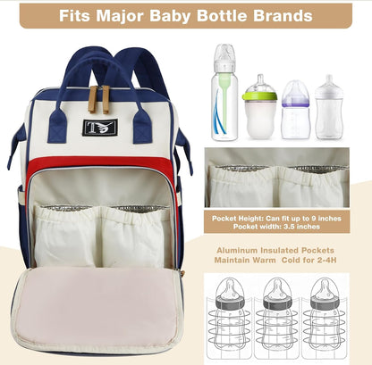 Diaper Bag Backpack for Women - Multifunction Travel Essentials Baby Diaper Bag with Changing Pad, Large Backpack Baby Girl Boy, Insulated Bottle Holders & Stroller Straps (Red+Blue)