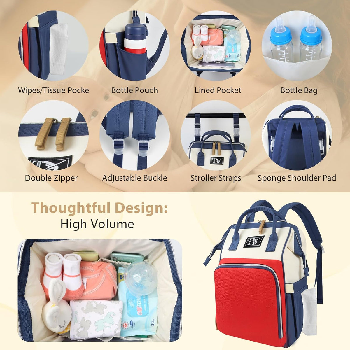 Diaper Bag Backpack for Women - Multifunction Travel Essentials Baby Diaper Bag with Changing Pad, Large Backpack Baby Girl Boy, Insulated Bottle Holders & Stroller Straps (Red+Blue)