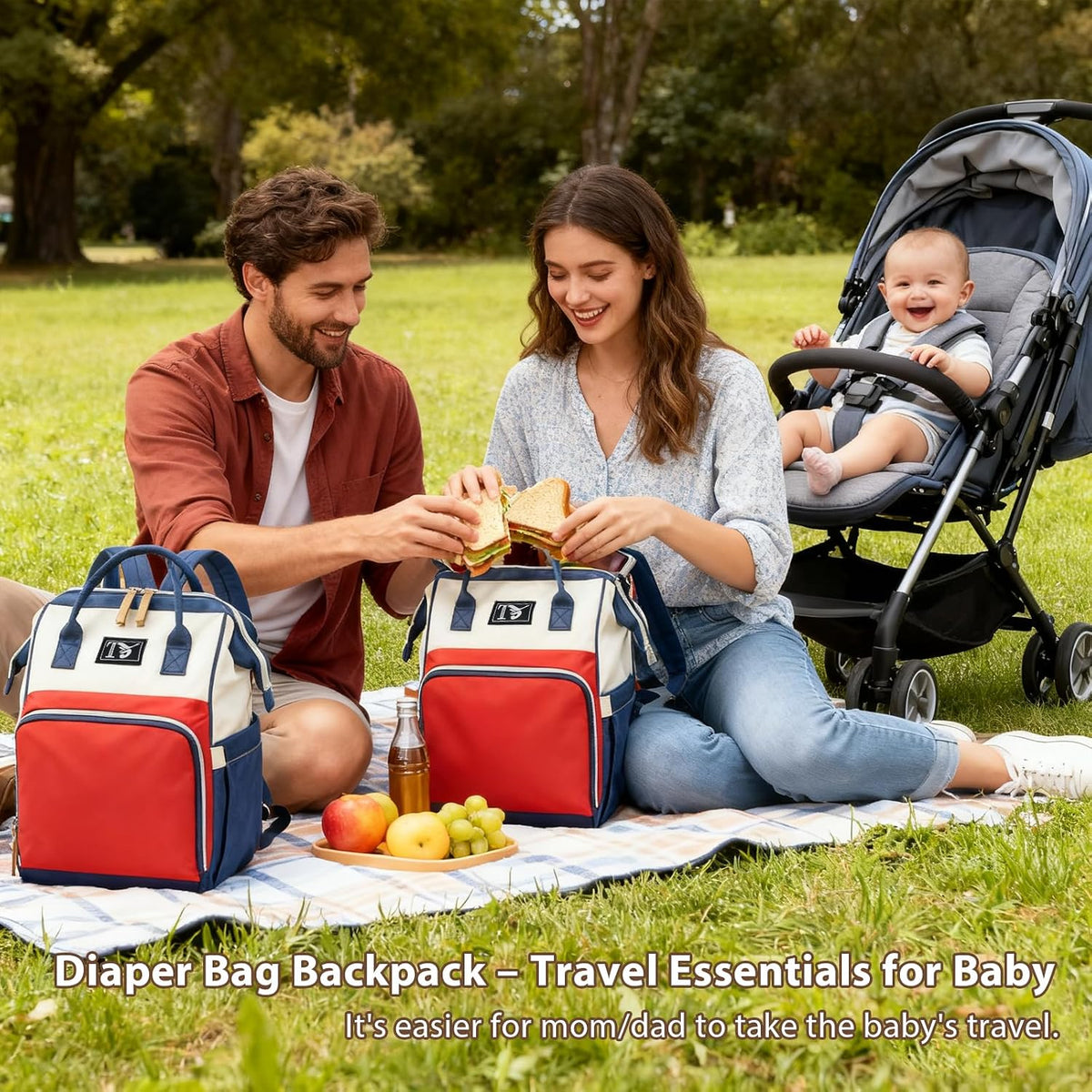 Diaper Bag Backpack for Women - Multifunction Travel Essentials Baby Diaper Bag with Changing Pad, Large Backpack Baby Girl Boy, Insulated Bottle Holders & Stroller Straps (Red+Blue)