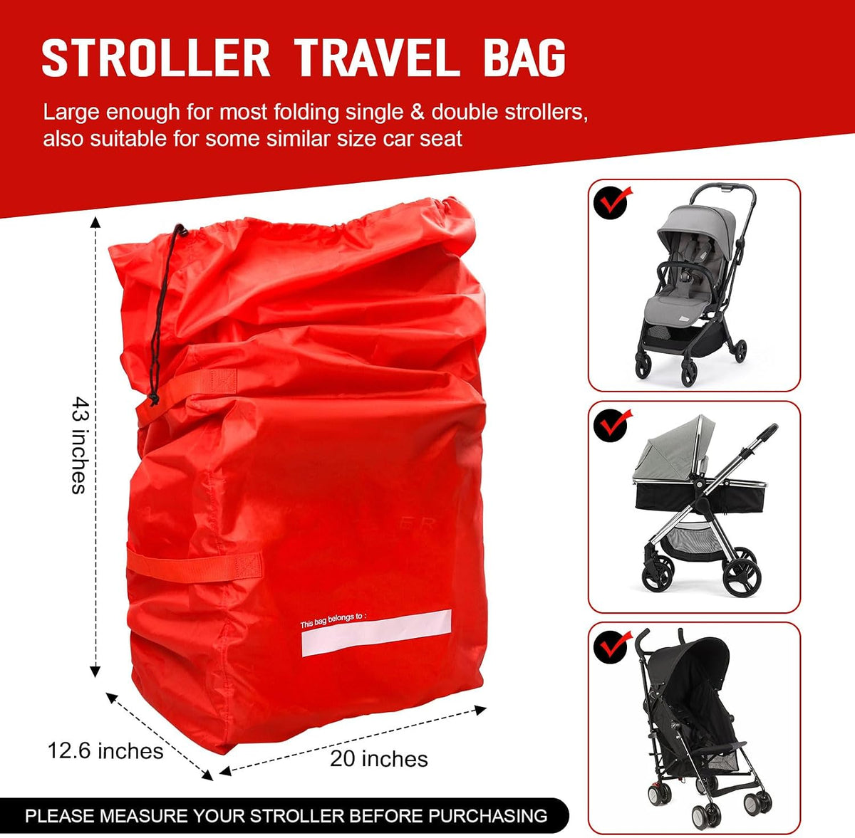 Stroller Travel Bag for Airplane, Stroller Cover Bag for Single & Double Strollers, Large Air Trvel Stroller Cover, Baby Travel Accessories, Waterproof Stroller Storage Bag, Red, 1 Pack