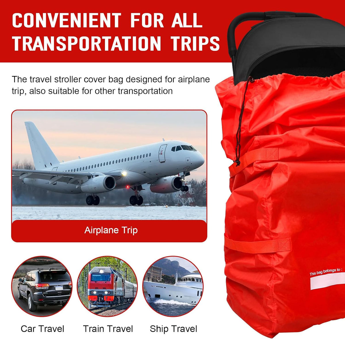 Stroller Travel Bag for Airplane, Stroller Cover Bag for Single & Double Strollers, Large Air Trvel Stroller Cover, Baby Travel Accessories, Waterproof Stroller Storage Bag, Red, 1 Pack