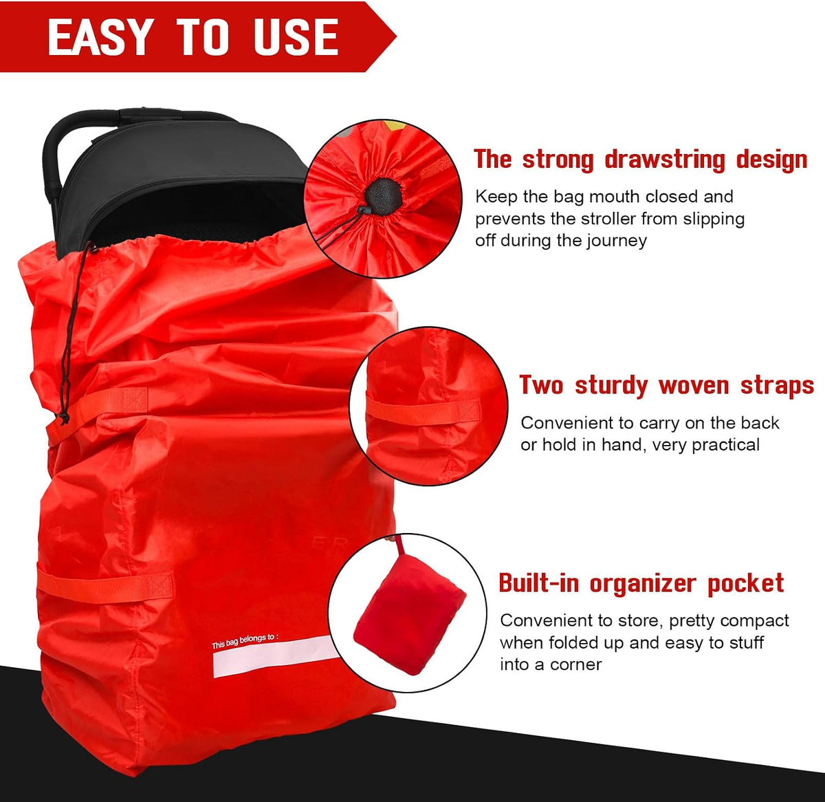 Stroller Travel Bag for Airplane, Stroller Cover Bag for Single & Double Strollers, Large Air Trvel Stroller Cover, Baby Travel Accessories, Waterproof Stroller Storage Bag, Red, 1 Pack