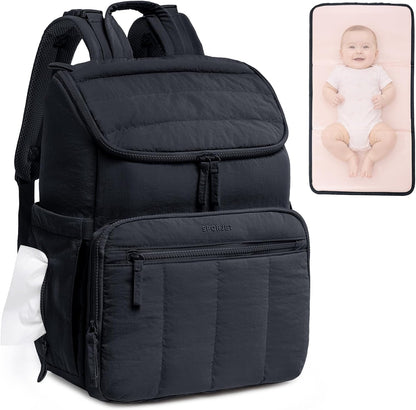 Puffy Diaper Bag Backpack for Mom, Lightweight Quilted Baby Bag with Waterproof Changing Pad, Large Travel Diaper Backpack with Insulated Bottle Pockets, Wipes Pocket, Stroller Straps