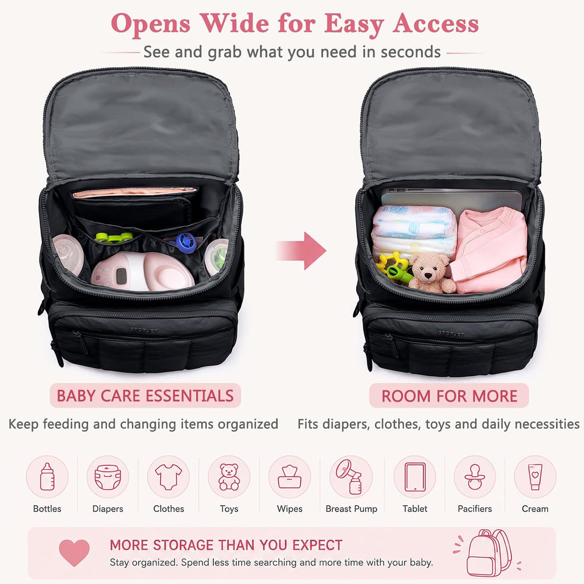 Puffy Diaper Bag Backpack for Mom, Lightweight Quilted Baby Bag with Waterproof Changing Pad, Large Travel Diaper Backpack with Insulated Bottle Pockets, Wipes Pocket, Stroller Straps