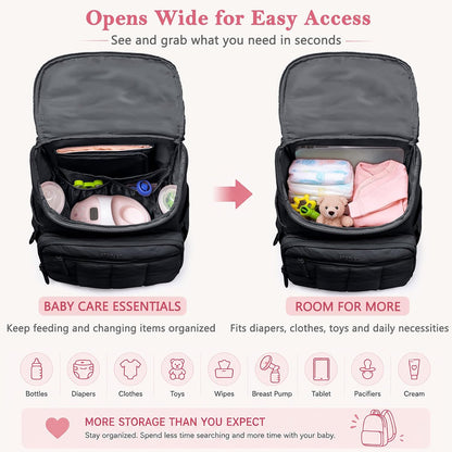 Puffy Diaper Bag Backpack for Mom, Lightweight Quilted Baby Bag with Waterproof Changing Pad, Large Travel Diaper Backpack with Insulated Bottle Pockets, Wipes Pocket, Stroller Straps