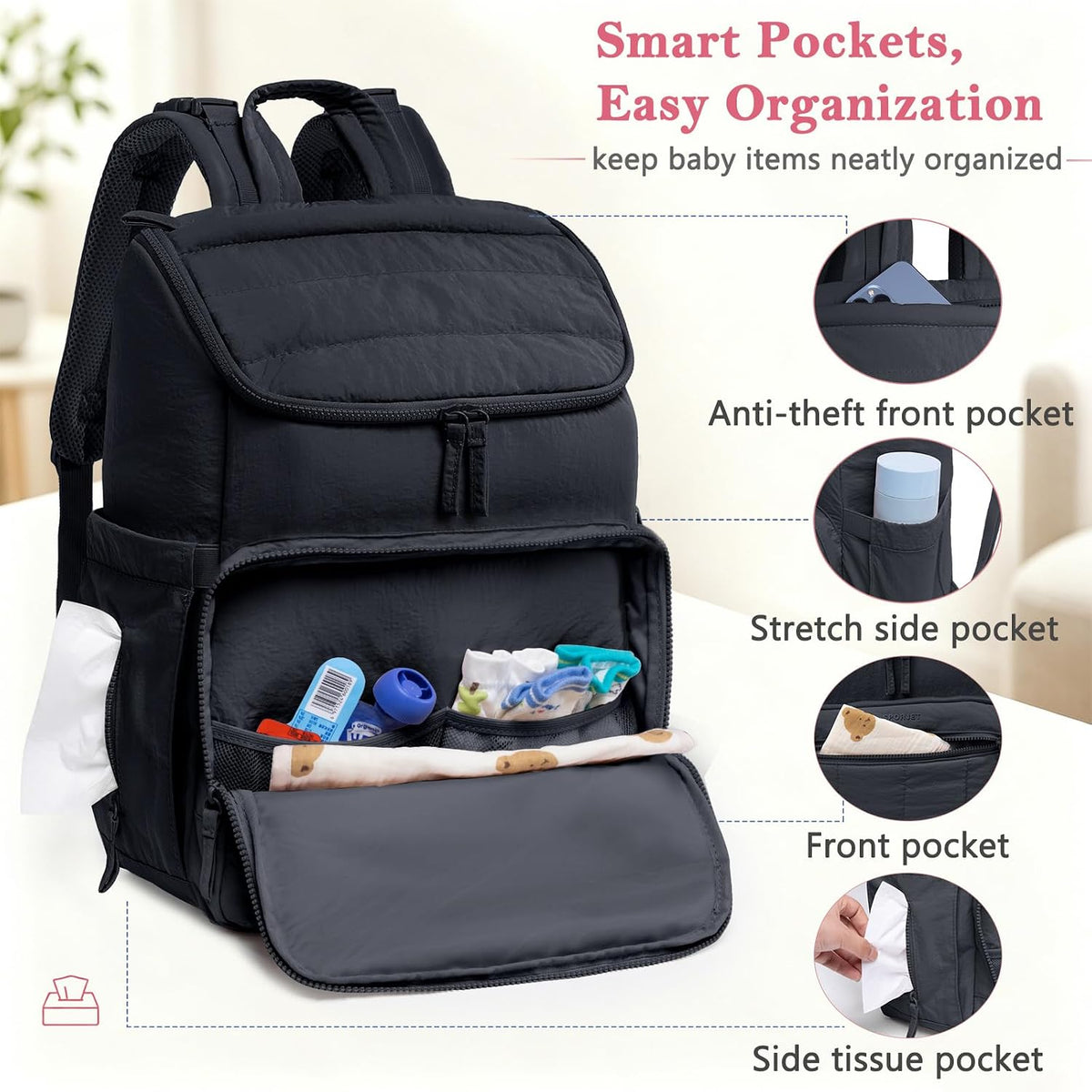 Puffy Diaper Bag Backpack for Mom, Lightweight Quilted Baby Bag with Waterproof Changing Pad, Large Travel Diaper Backpack with Insulated Bottle Pockets, Wipes Pocket, Stroller Straps