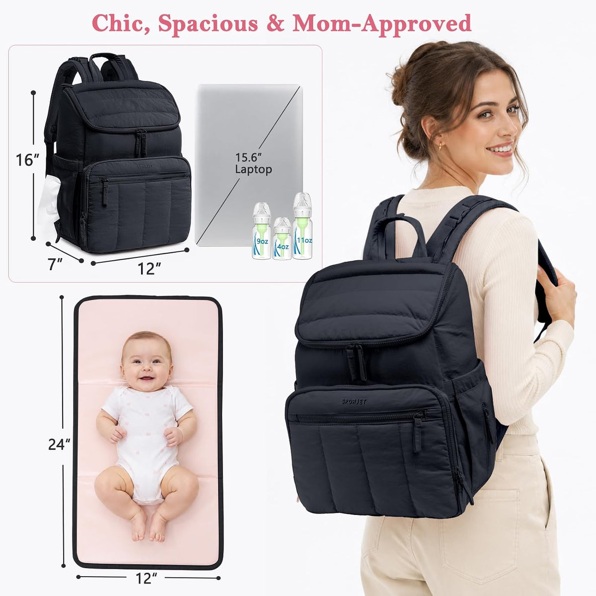 Puffy Diaper Bag Backpack for Mom, Lightweight Quilted Baby Bag with Waterproof Changing Pad, Large Travel Diaper Backpack with Insulated Bottle Pockets, Wipes Pocket, Stroller Straps