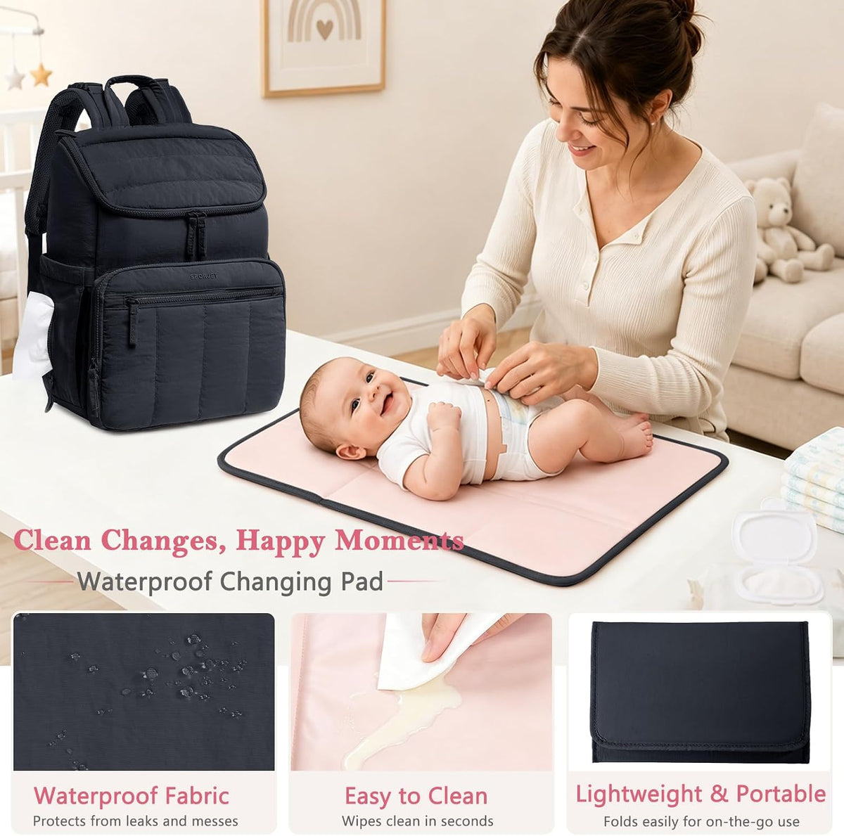 Puffy Diaper Bag Backpack for Mom, Lightweight Quilted Baby Bag with Waterproof Changing Pad, Large Travel Diaper Backpack with Insulated Bottle Pockets, Wipes Pocket, Stroller Straps