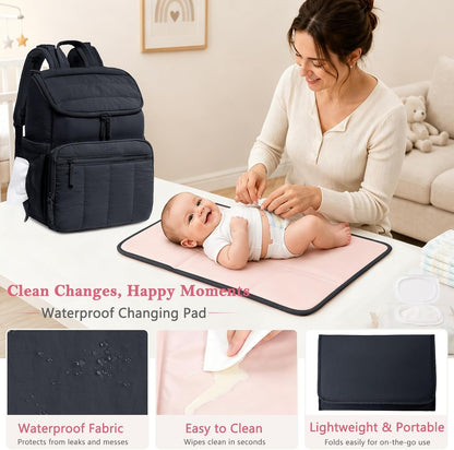 Puffy Diaper Bag Backpack for Mom, Lightweight Quilted Baby Bag with Waterproof Changing Pad, Large Travel Diaper Backpack with Insulated Bottle Pockets, Wipes Pocket, Stroller Straps