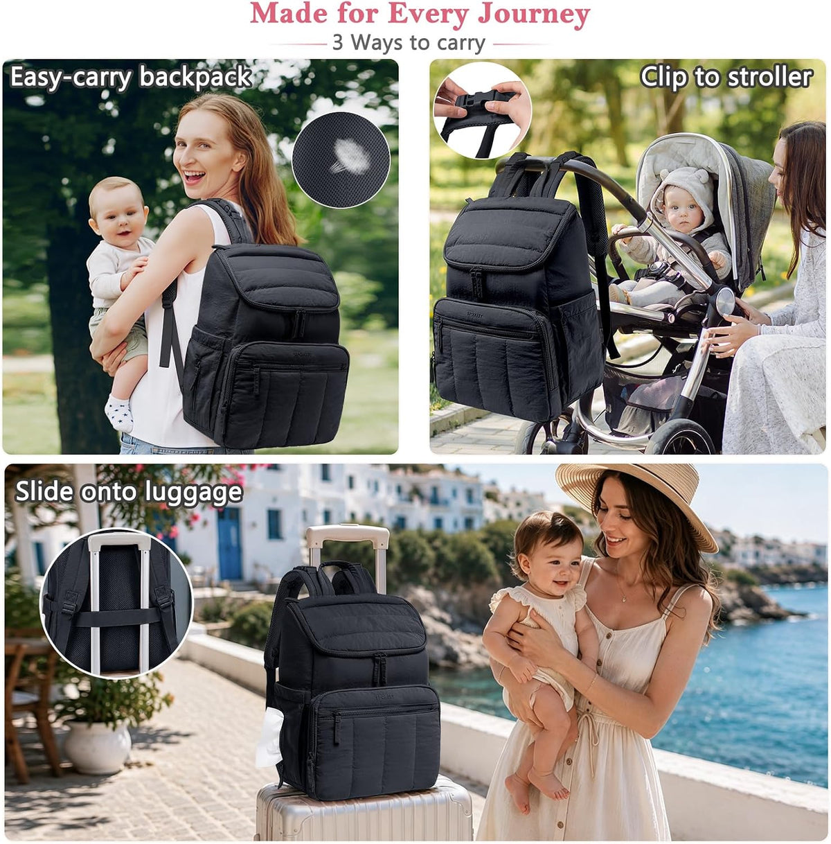 Puffy Diaper Bag Backpack for Mom, Lightweight Quilted Baby Bag with Waterproof Changing Pad, Large Travel Diaper Backpack with Insulated Bottle Pockets, Wipes Pocket, Stroller Straps