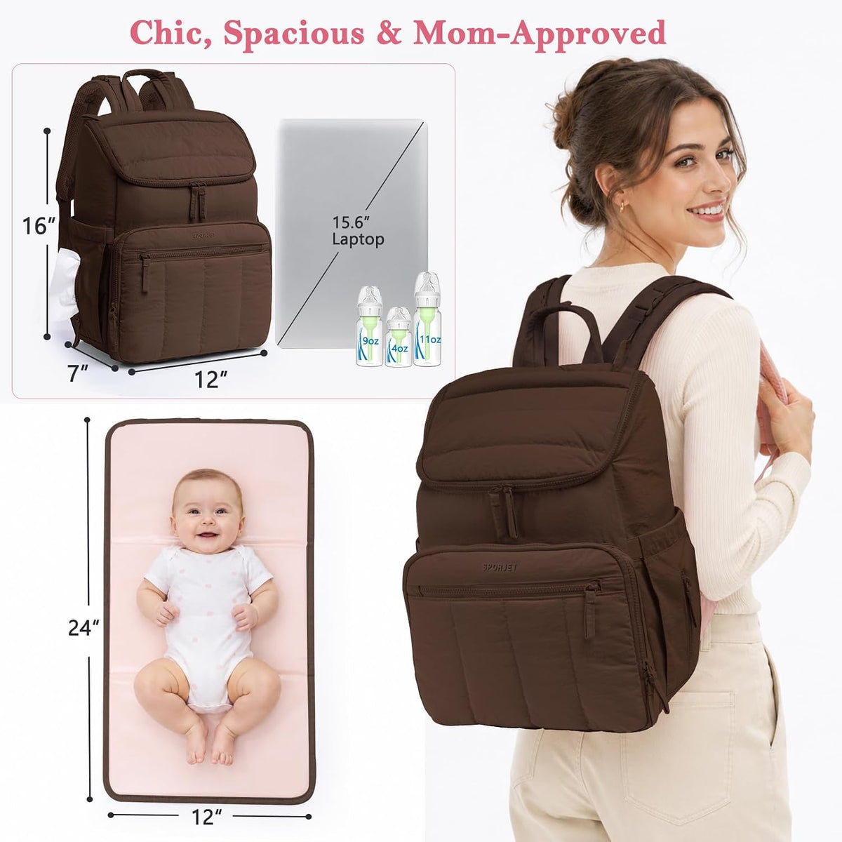 Puffy Diaper Bag Backpack for Mom, Lightweight Quilted Baby Bag with Waterproof Changing Pad, Large Travel Diaper Backpack with Insulated Bottle Pockets, Wipes Pocket, Stroller Straps