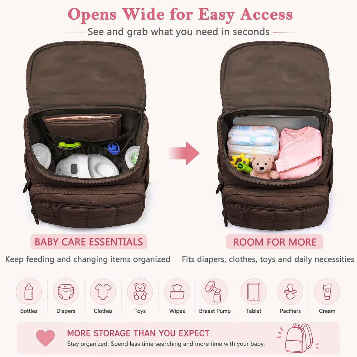 Puffy Diaper Bag Backpack for Mom, Lightweight Quilted Baby Bag with Waterproof Changing Pad, Large Travel Diaper Backpack with Insulated Bottle Pockets, Wipes Pocket, Stroller Straps