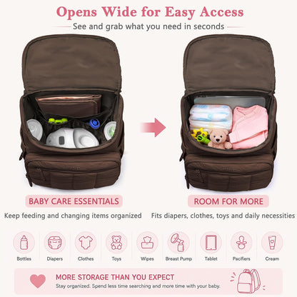 Puffy Diaper Bag Backpack for Mom, Lightweight Quilted Baby Bag with Waterproof Changing Pad, Large Travel Diaper Backpack with Insulated Bottle Pockets, Wipes Pocket, Stroller Straps