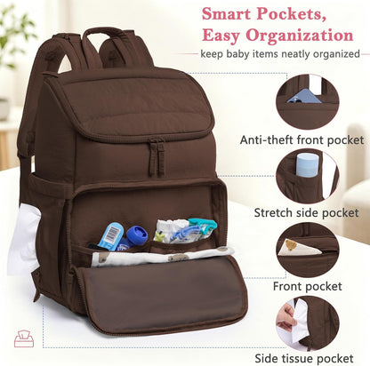 Puffy Diaper Bag Backpack for Mom, Lightweight Quilted Baby Bag with Waterproof Changing Pad, Large Travel Diaper Backpack with Insulated Bottle Pockets, Wipes Pocket, Stroller Straps
